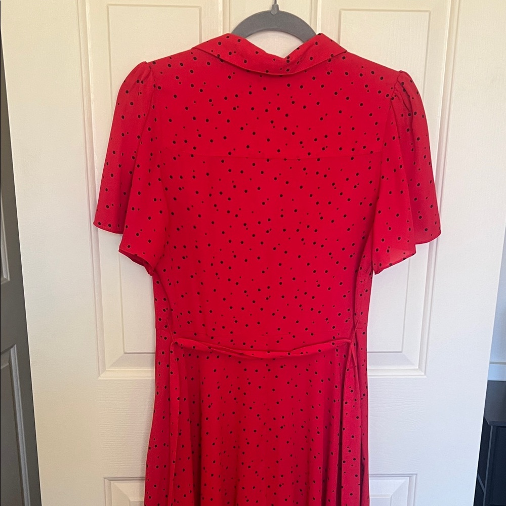 Nanette Lepore Red Button Up Midi Dress with Black Polka Dots - Picture 7 of 10